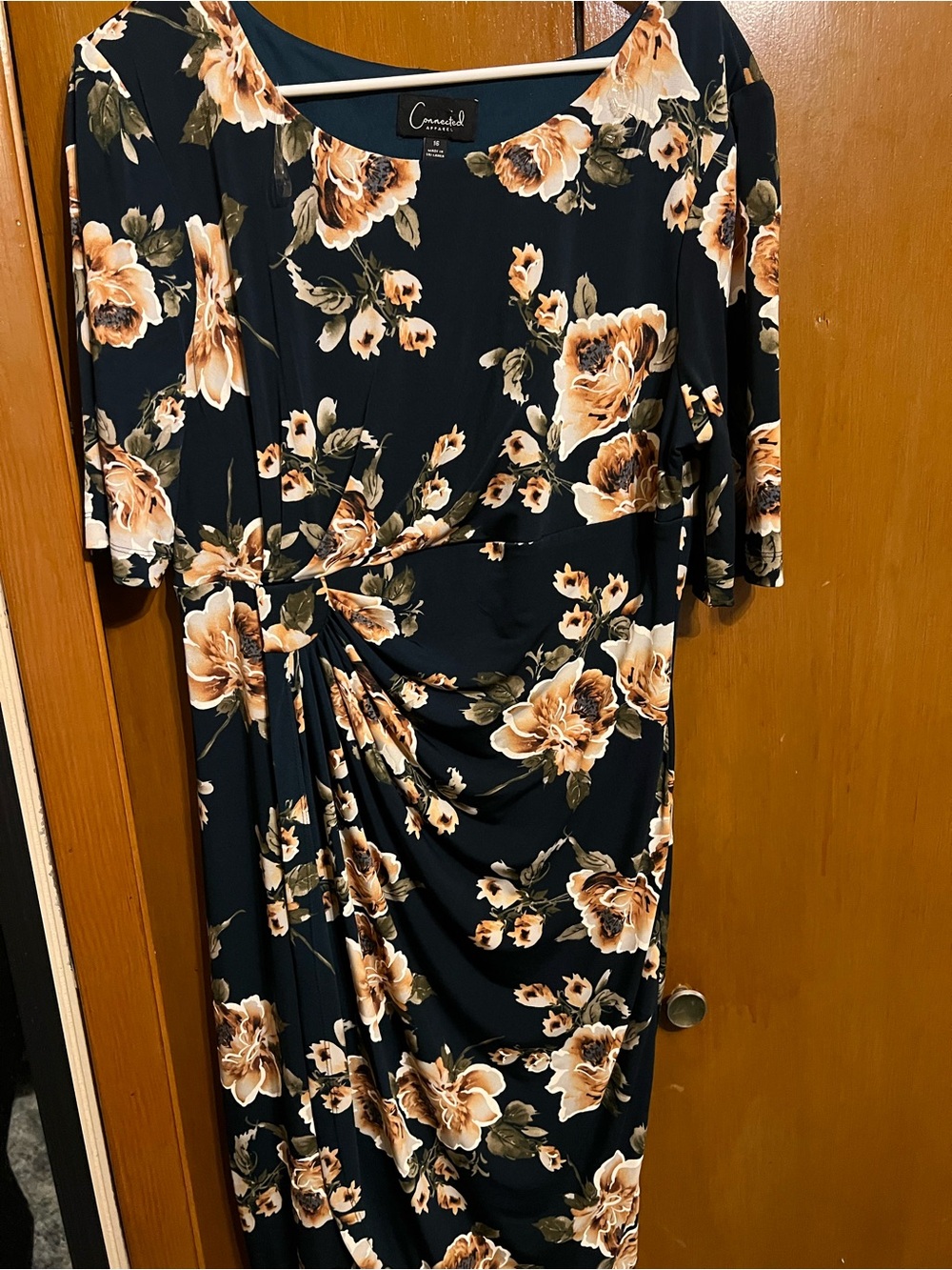 connected apparel Black Floral Twist-Waist Midi Dress with Peach Blooms